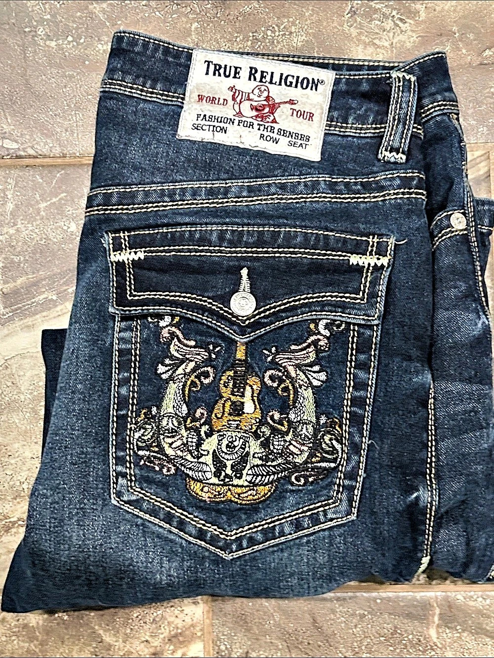 True Religion World Tour Guitar Embroidery Jeans Straight Fit Jeans Blue